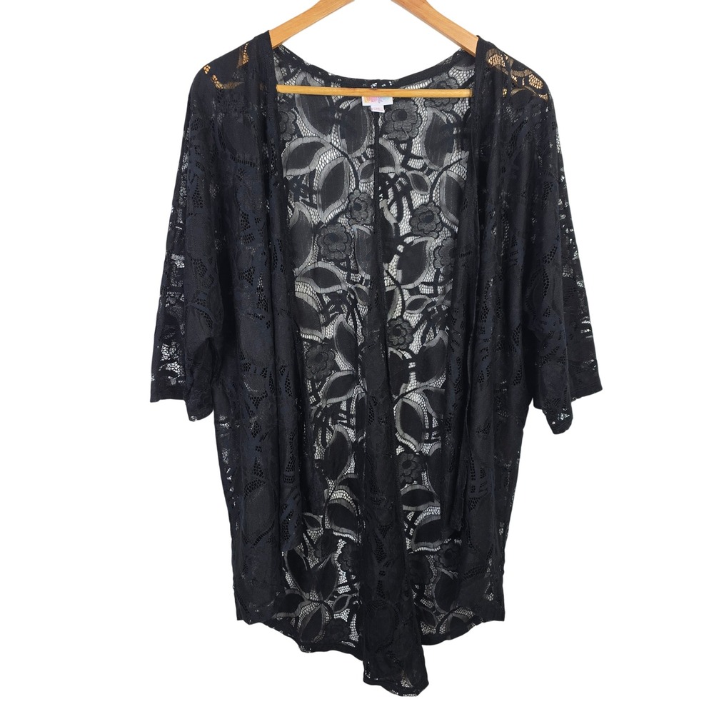 LuLaRoe Joy Vest Cardigan Womens Medium Black Floral Lace Open Front Sheer Boho